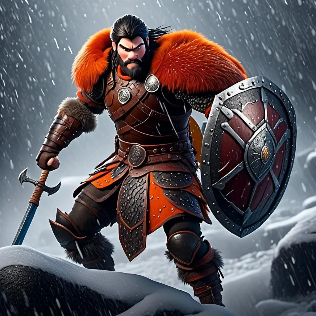 Prompt: <mymodel>Animated CGI style of a fierce Viking male about 25 years old, black hair, detailed facial features, leather armor {{((red))}} and orange armor, battle axe and shield, standing in the rain, intense and determined expression, dynamic and powerful pose, CGI, fierce male, Nordic designs, battle-ready, dynamic pose, professional lighting