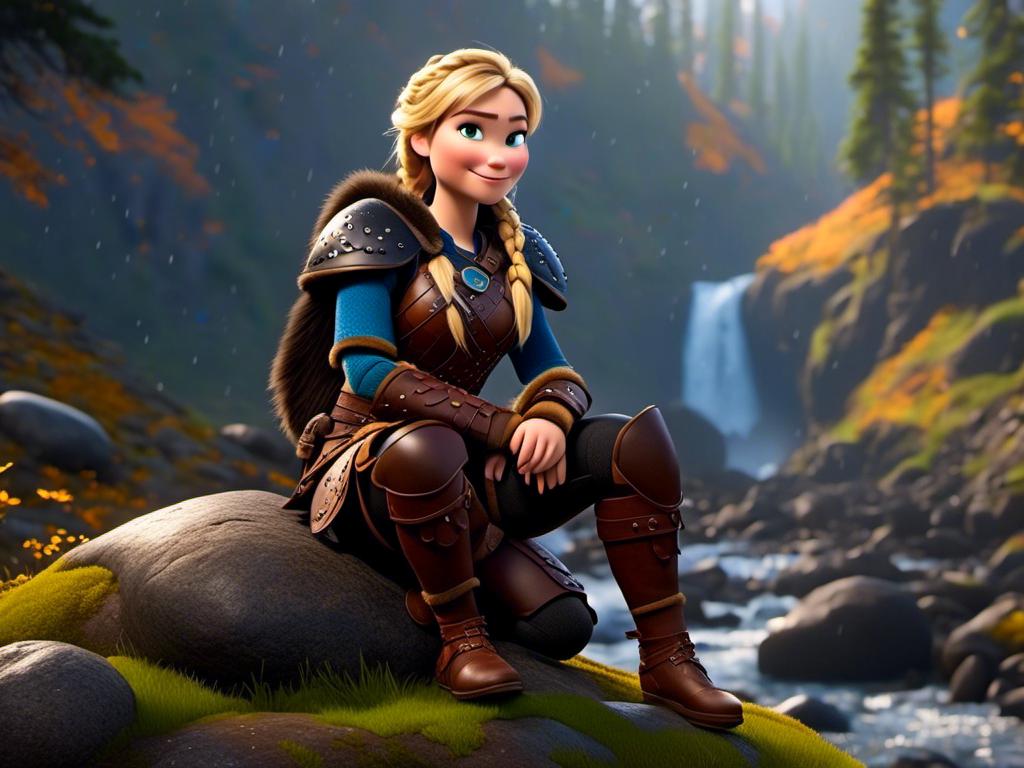 Prompt: <mymodel>CGi Animation, 20-year-old viking woman with blue eyes, a rainy scene, she is sitting on a boulder in a forest with it raining, the viking woman has a subtle smile, blonde hair in a ponytail style, she has blue gear, gold armor, black pants, black boots