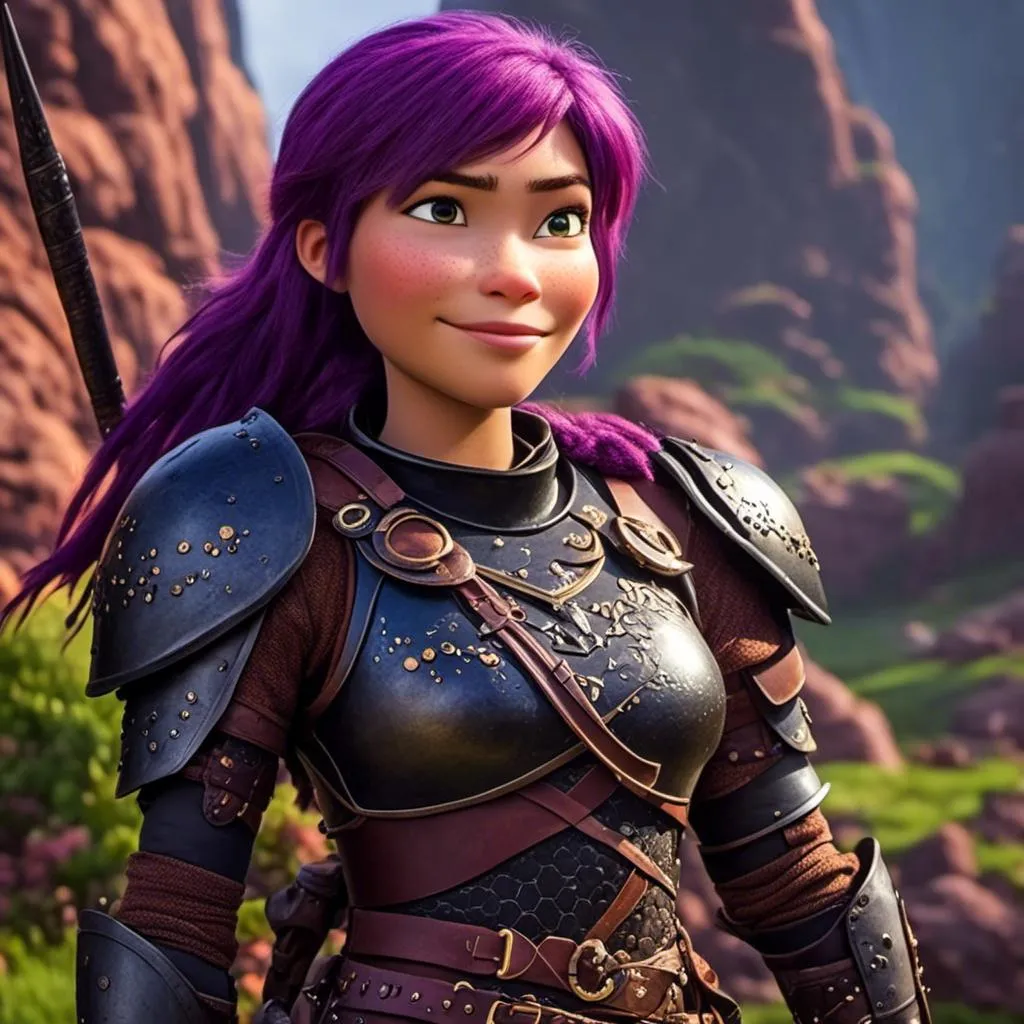 Prompt: a photo of <mymodel>, a caucasian viking female with purple hair and purple gear and armor