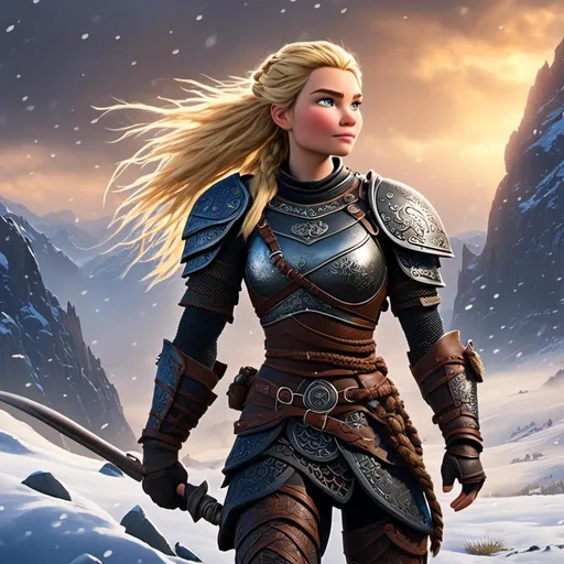 Prompt: <mymodel>animated CGI style, blonde hair, viking female warrior, detailed braided hair and battle scars, rugged and weathered armor, intense and determined gaze, snowy and rugged landscape, fierce, warrior, detailed hair, battle scars, snowy landscape, intense gaze, weathered armor, dramatic lighting