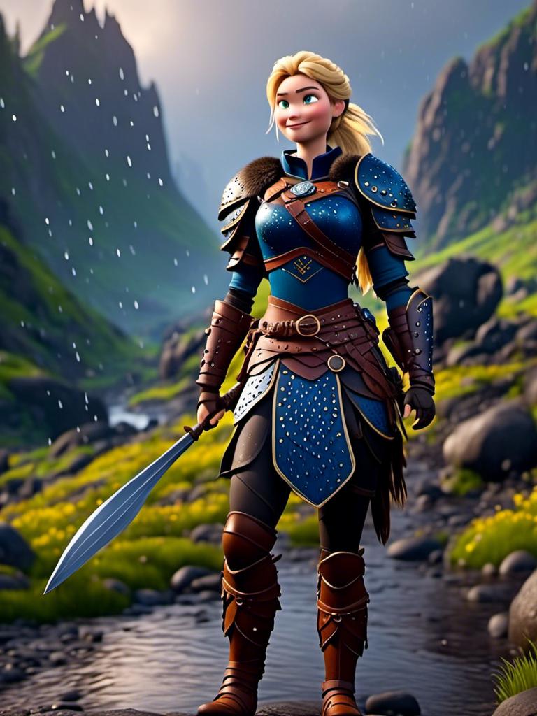 Prompt: <mymodel>CGi Animation, 20-year-old viking woman with blue eyes, ((she is wearing a royal tiara)), a rainy scene, the viking woman has a subtle smile with it pouring down rain, blonde hair in a ponytail style, she has blue gear, gold armor, black pants, black boots