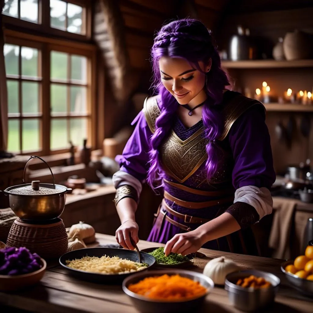 Prompt: Photo of <mymodel> working in the kitchen preparing food in her viking house