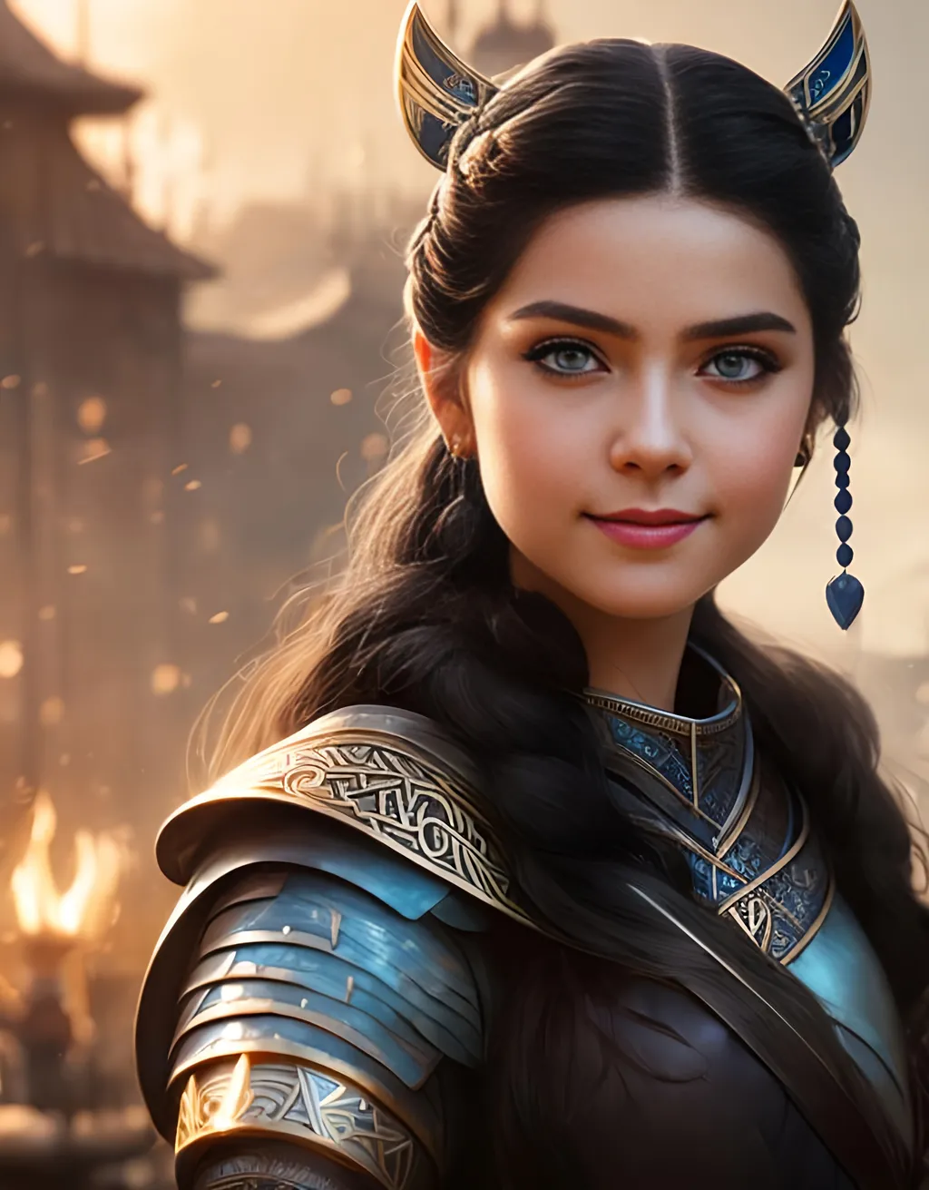 Prompt: she has black hair, create most beautiful fictional female princess viking warrior, hopeful smile, black hair, light blue eyes, extremely detailed environment, detailed background, intricate, detailed skin, professionally color graded, photorealism, 8k, moody lighting