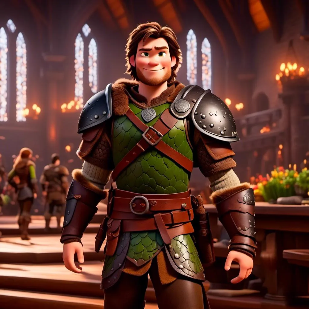 Prompt: <mymodel> viking man, lawyer, thin, small stature, standing in The Great Hall, medium length brown hair, evil look, evil smile, brown eyes, no armor, European-like brown gear, brown leather vest, long sleeve green shirt underneath the brown leather vest, black highlights on his clothes, brown pants, brown boots, historical, strong and natural lighting