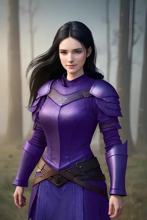 Prompt: Digital Art, 25-year-old viking woman, purple gear, purple clothes, subtle smile, black straight hair, dark purple eyes, a dark purple long-sleeve shirt, textured skirt down to knees, dark purple pants, dark purple armor, long black hair with volume, middle part in hair, leather boots, dark purple gear, unreal engine 64k octane, hdr, 3d lighting, full body, full armor