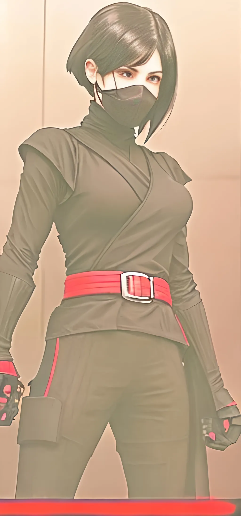 Prompt: A woman sith lord, black short-length hair, black short sleeve shirt, black vest past the waist, black belt, black pants, black boots, two lightsabers one red one light pink