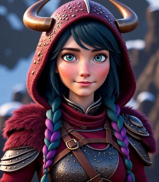 Prompt: <mymodel>CGI Animation, digital art, 20-year-old-old viking woman with violet eyes, Dark red Long sleeve shirt, skirt with dragon teeth on it, wears the snow wraith hood, ((dark dark blue hair with teal, pink and purple streaks)), subtle smile, unreal engine 8k octane, 3d lighting, close up camera shot on the face, full armor