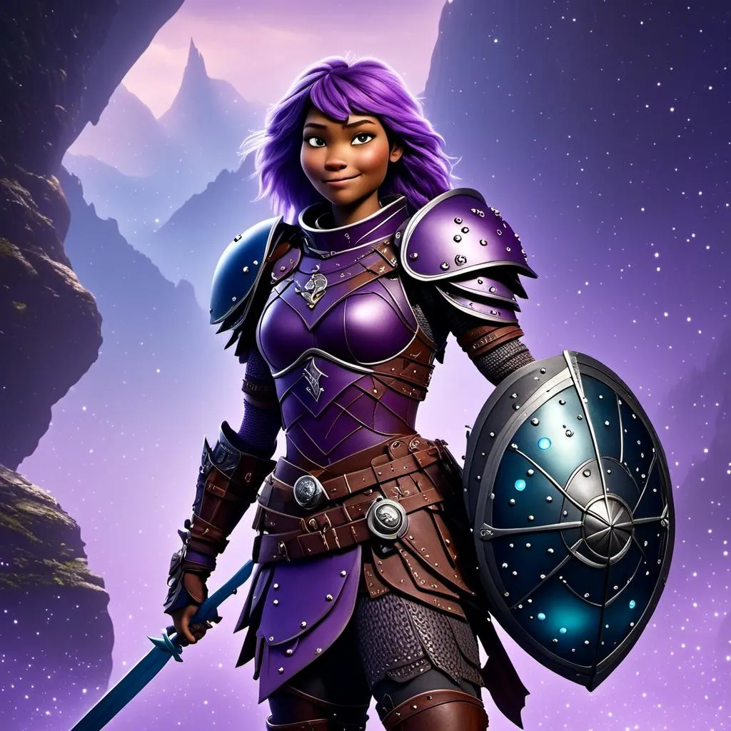 Prompt: <mymodel>a photo of a viking female with purple gear and armor