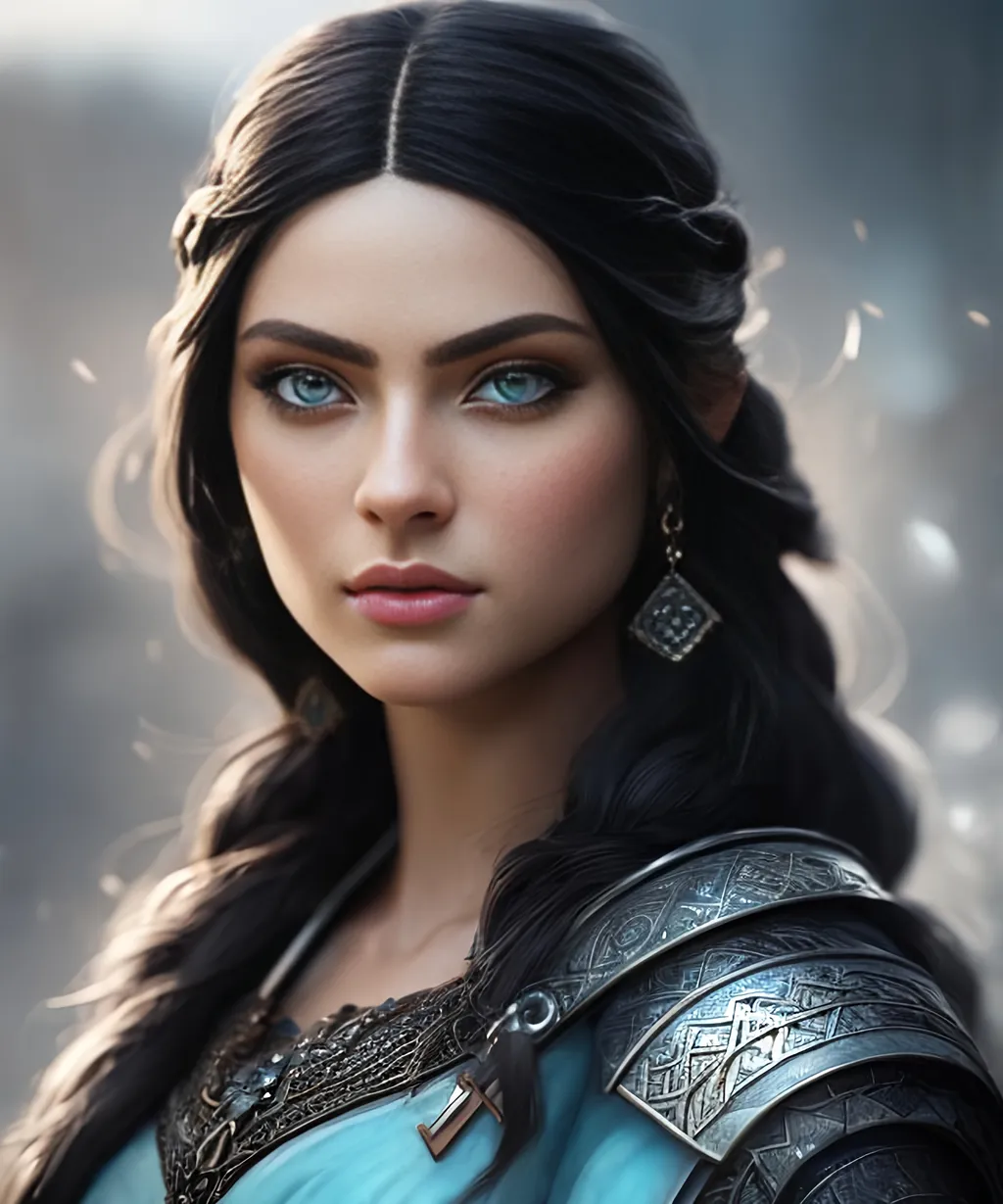 Prompt: she has black hair, create most beautiful fictional female viking princess warrior, black hair, light blue eyes, extremely detailed environment, detailed background, intricate, detailed skin, professionally color graded, photorealism, 8k, moody lighting