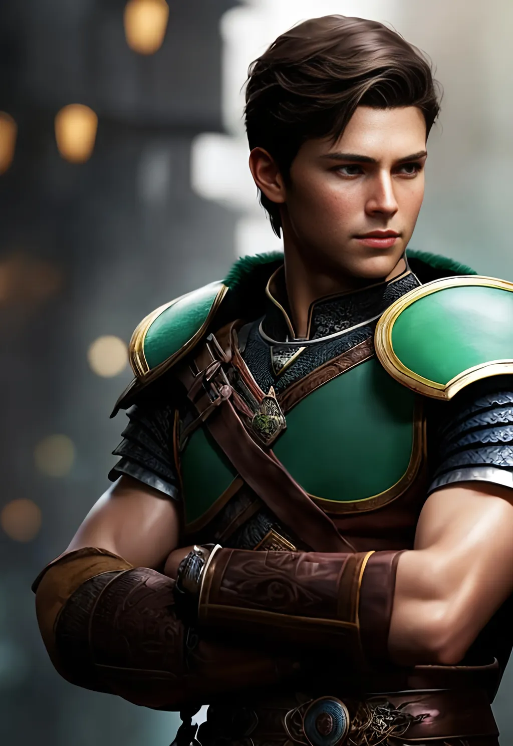 Prompt: he has short brown hair, create most handsome fictional male prince viking warrior, short brown hair, light green eyes, extremely detailed environment, detailed background, intricate, detailed skin, professionally color graded, photorealism, 16k, moody lighting