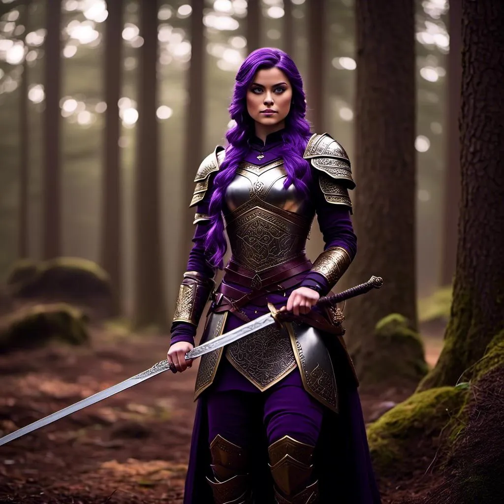 Prompt: Photo of <mymodel> with an intense look with her sword, she is standing in the forest