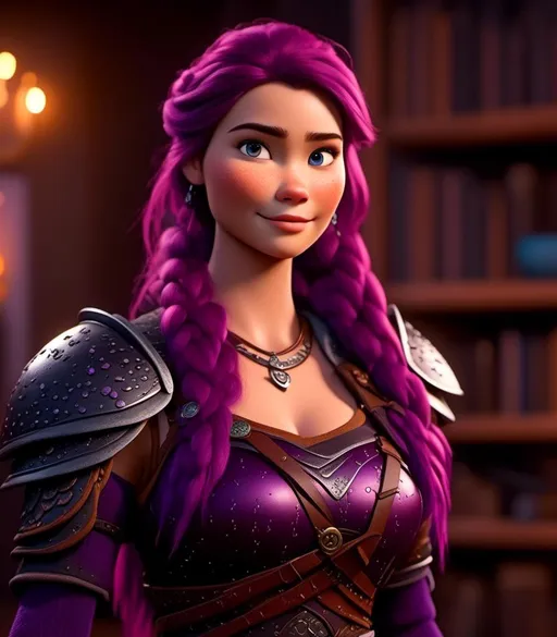 Prompt: <mymodel>CGI Animation, digital art, 20-year-old-old viking woman with light blue eyes, she is standing in her library, she is of royalty, {{black gear, purple armor}}, purple hair, single braid down her shoulder with a tiara, subtle smile, unreal engine 8k octane, 3d lighting, close up camera shot on the face, full armor