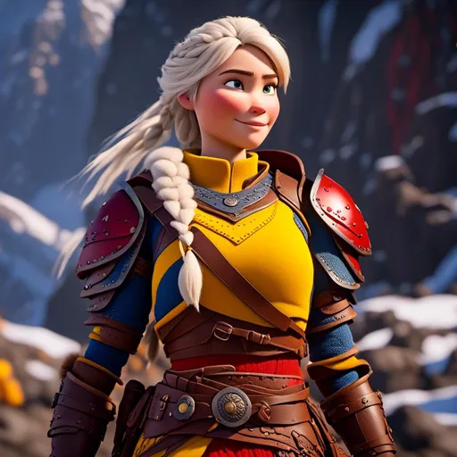 Prompt: <mymodel>CGi Animation, 20-year-old viking woman with one hair braid, subtle smile, white hair, blue eyes, blue gear, yellow armor, red clothes, yellow textures and highlights, unreal engine 8k octane, 3d lighting, full body, full armor