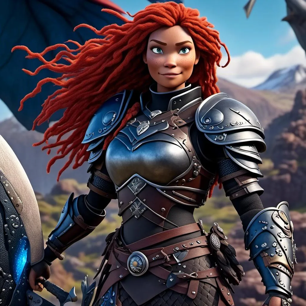 Prompt: <mymodel>CGI Animation of a viking woman of 40 years old, red hair with dreadlocks, blue eyes, all black gear and armor, leather highlights and textures, dragon scale textures and armor, intricate details, high quality, digital painting, cool tones, dramatic lighting