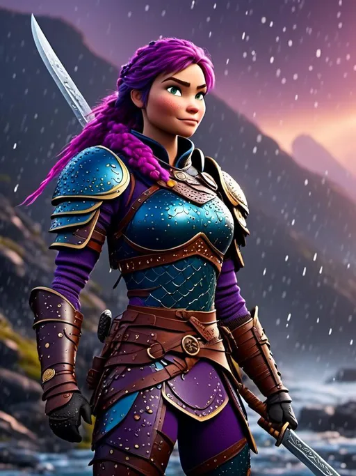 Prompt: Photo of <mymodel> standing in a heavy rain, viking warrior, in an intense sword battle with Einar Verodfellar, she has {{((light blue eyes))}}, purple hair, single braid down her shoulder, purple gear, gold armor, purple pants, gold boots, full body shot, 16K unreal engine octane