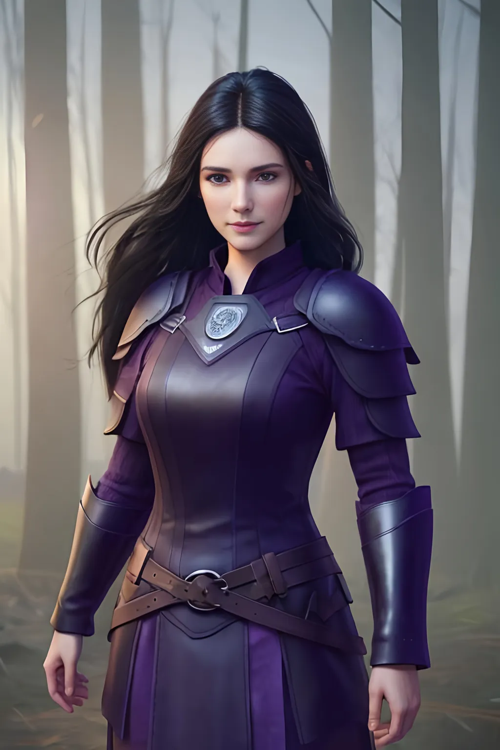 Prompt: Digital Art, 25-year-old viking woman, purple gear, purple clothes, subtle smile, black straight hair, dark purple eyes, a dark purple long-sleeve shirt, textured skirt down to knees, dark purple pants, dark purple armor, long black hair with volume, middle part in hair, leather boots, dark purple gear, unreal engine 64k octane, hdr, 3d lighting, full body, full armor