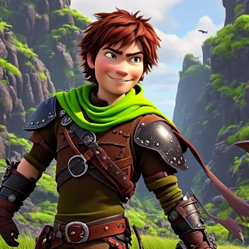 Prompt: <mymodel>CGI Animation, sinister viking boy, 18-year-old, chaotic evil, red short messy hair, no facial hair, neon green bandana scarf, dark brown, dark brown long-sleeve shirt, pants, leather armor, two daggers, dozen throwing knives