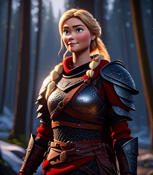 Prompt: <mymodel>CGI Animation, digital art, 20-year-old-old viking woman with light blue eyes standing in a dimly lit forest, blue assassin's creed clothes, red colored armor, blonde straight hair, subtle smile, unreal engine 8k octane, 3d lighting, cinematic lighting, camera shot of full armor from head to toe