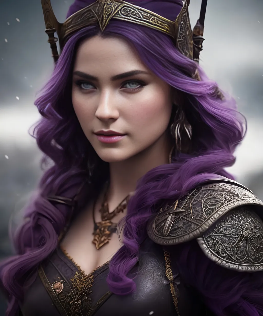 Prompt: create most beautiful fictional female viking princess, (((dark purple hair))), extremely detailed environment, detailed background, intricate, detailed skin, professionally color graded, photorealism, 8k, moody lighting