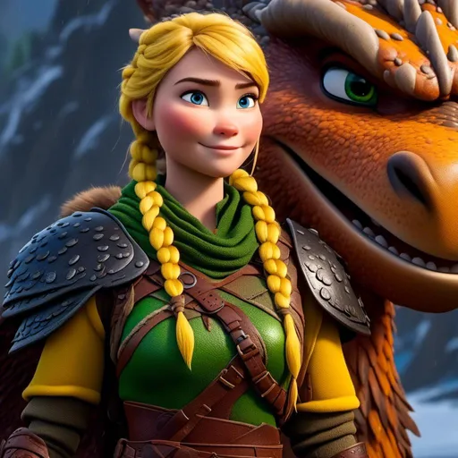 Prompt: <mymodel>CGi Animation, 20-year-old viking woman with one hair braid, rainy scene, subtle smile, blonde hair, blue eyes, green gear, green armor, yellow clothes, she is standing next to a blue dragon, yellow textures and highlights, unreal engine 8k octane, 3d lighting, full body, full armor