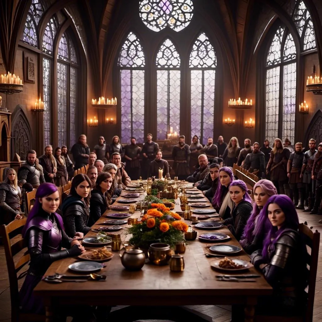 Prompt: Photo of <mymodel> sitting at a table in The Great Hall amongst other vikings from How to Train Your Dragon
