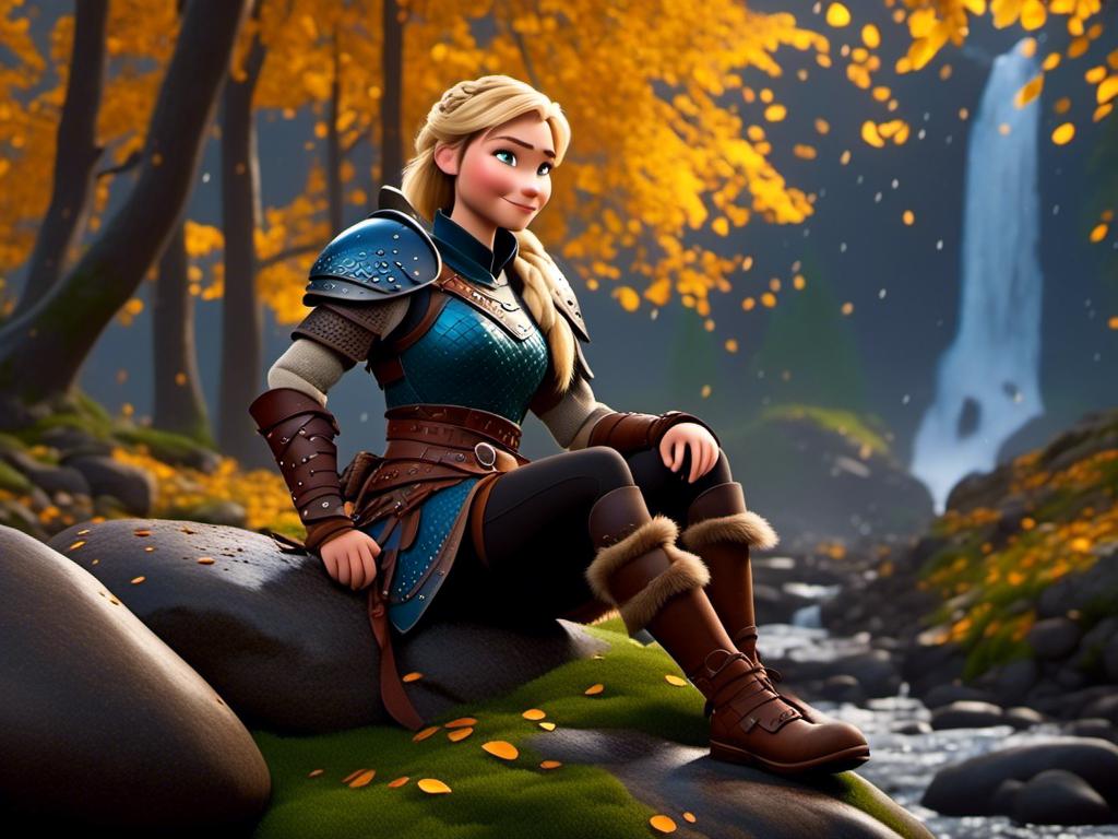 Prompt: <mymodel>CGi Animation, 20-year-old viking woman with blue eyes, she is wearing a tiara, a rainy scene, she is sitting on a boulder in a forest, the viking woman has a subtle smile with it pouring down rain, blonde hair in a ponytail style, she has blue gear, gold armor, black pants, black boots