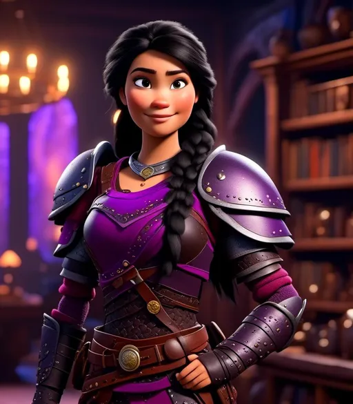 Prompt: <mymodel>CGI Animation, digital art, 20-year-old-old viking woman with light blue eyes, she is standing in her library, she is of royalty, {{black gear, purple armor}}, black hair with purple strands, single braid down her shoulder with a tiara, subtle smile, unreal engine 8k octane, 3d lighting, close up camera shot on the face, full armor