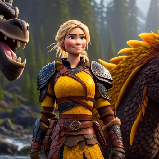 Prompt: <mymodel>CGi Animation, 20-year-old viking woman with one hair braid, rainy scene, subtle smile, blonde hair, blue eyes, green gear, green armor, yellow clothes, she is standing next to a blue dragon, yellow textures and highlights, unreal engine 8k octane, 3d lighting, full body, full armor