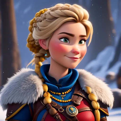 Prompt: <mymodel>CGI Animation, close-up portrait of the face, 20-year-old-old pirate woman sitting on a snow bank, a snowy scene, {{yellow gear, blue armor}}, blonde hair, an updo style of hair with a faded buzz cut on the side of the head, subtle smile, beads hair, small red earrings, multiple braids, yellow gear, straight hair, green eyes, bracelets, rings on fingers, mercenary gear, unreal engine 8k octane, 3d lighting, close up camera shot on the face, full armor