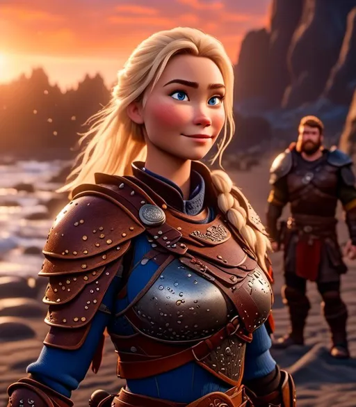 Prompt: <mymodel>CGI Animation, digital art, 20-year-old-old viking woman with light blue eyes standing around several hot springs on a beach, sunset lighting, blue clothes, blue colored armor, blonde straight hair, subtle smile, unreal engine 8k octane, 3d lighting, cinematic lighting, camera shot of full armor from head to toe