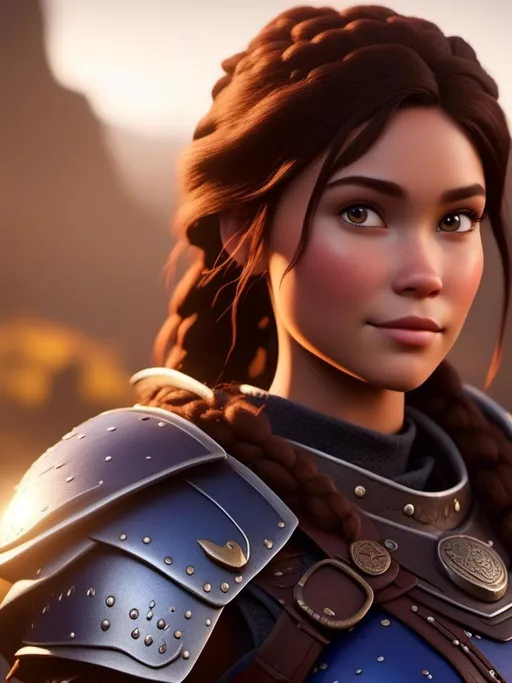 Prompt: <mymodel>Digital art, 18-year-old viking woman, subtle smile, cobalt blue gear, cobalt blue armor, brunette hair, two braids, dark brown eyes, unreal engine 8k octane, 3d lighting, full body, full armor