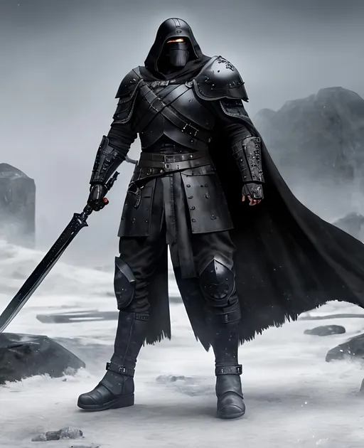 Prompt: Digital Art, a sinister viking man, black armor, black gear, a black helmet fully covering his face, black visor, with a black ponytail coming from the helmet, a long black cloak, black bracers, black pants, black boots, unreal engine 8k octane, 3d lightning