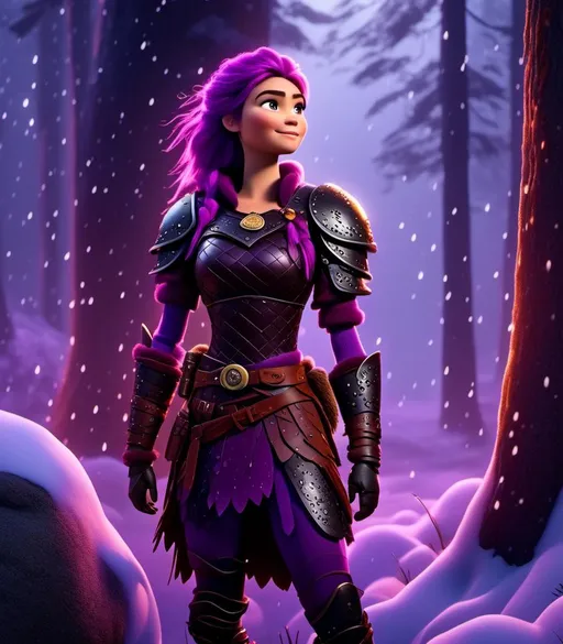 Prompt: <mymodel>CGI Animation, digital art, 20-year-old-old viking woman with light blue eyes, it is raining, she is of royalty standing at night next to a tree with her hands resting on the bark, she is in a dimly lit thick forest with trees everywhere, dense fog, {{black gear, purple armor}}, purple hair, single braid down her shoulder with a tiara, subtle smile, unreal engine 8k octane, 3d lighting, close up camera shot on the face, full armor