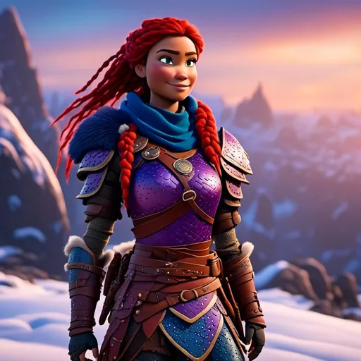 Prompt: <mymodel>CGi Animation, 25-year-old viking woman warrior with blue eyes, a snowy scene, the viking woman has a subtle smile, purple dreadlocks and braids in her hair, she has red gear, gold armor with bursts of blue textured splotches, black pants, black boots