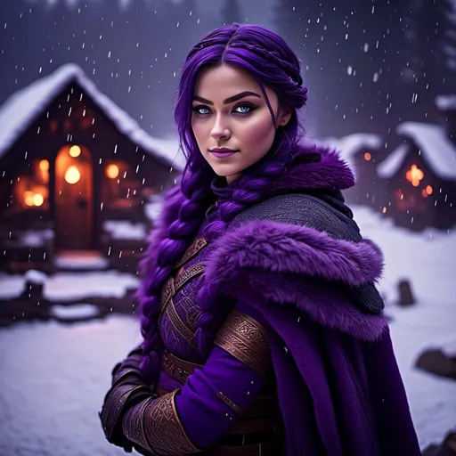 Prompt: Photo of <mymodel> with a heavy purple fur coat wearing a hood with a purple fur edge, she is in a viking village standing as snow falls, ((she has a single braid down her shoulder))