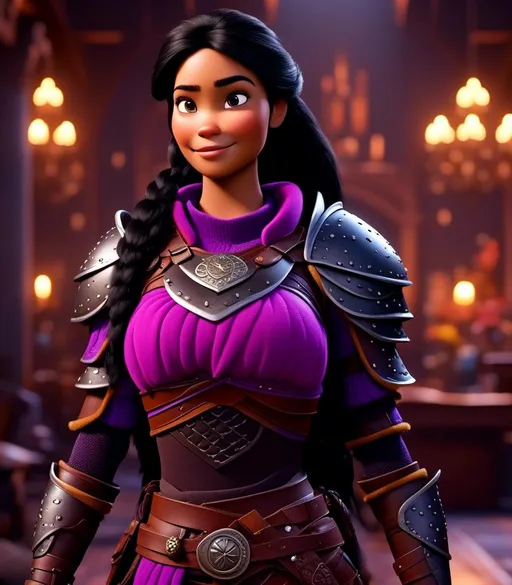 Prompt: <mymodel>CGI Animation, digital art, 20-year-old-old viking woman with light blue eyes, she is standing in her library, she is of royalty, {{black gear, purple armor}}, black hair with purple strands, single braid down her shoulder with a tiara, subtle smile, unreal engine 8k octane, 3d lighting, close up camera shot on the face, full armor