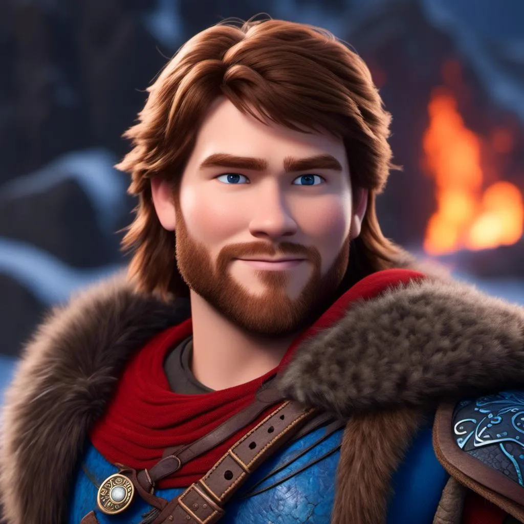 Prompt: <mymodel>Animated CGI style of a light build Caucasian Viking with brown hair, intense gaze, realistic red fur and  blue clothing textures, high quality, CGI, realistic, intense gaze, viking, male, Caucasian, detailed facial features, fur textures, highres, professional, intense lighting