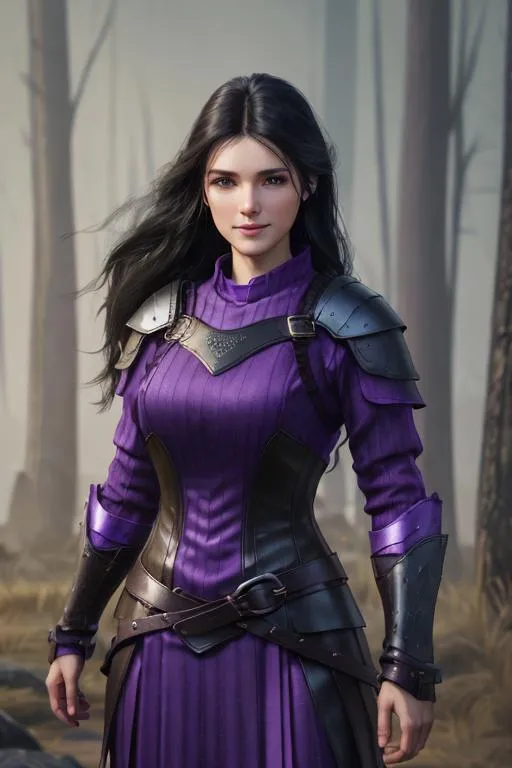 Prompt: Digital Art, 25-year-old viking woman, purple gear, purple clothes, subtle smile, black straight hair, dark purple eyes, a dark purple long-sleeve shirt, textured skirt down to knees, dark purple pants, dark purple armor, long black hair with volume, middle part in hair, leather boots, dark purple gear, unreal engine 64k octane, hdr, 3d lighting, full body, full armor