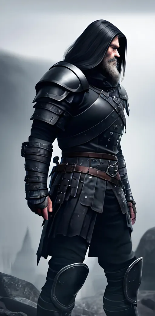 Prompt: Digital Art, a sinister viking man, black armor, black helmet, black visvor for helmet, black gear, with a black ponytail coming from the helmet, a long black cloak, black bracers, black pants, black boots, unreal engine 8k octane, 3d lightning