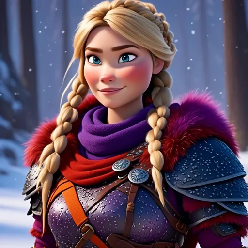 Prompt: <mymodel>CGi Animation, 25-year-old viking woman warrior with blue eyes, a snowy scene, the viking woman has a subtle smile, blonde hair, straight hair, she has red gear, orange armor with bursts of purple textured splotches, black pants, black boots