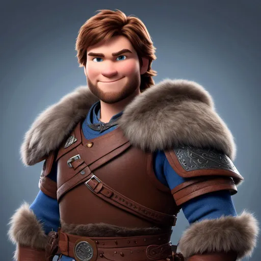 Prompt: <mymodel>Animated CGI style of a light build Caucasian Viking with brown hair, intense gaze, realistic red fur and  blue clothing textures, high quality, CGI, realistic, intense gaze, viking, male, Caucasian, detailed facial features, fur textures, highres, professional, intense lighting