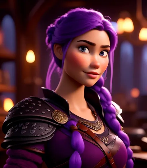 Prompt: <mymodel>CGI Animation, digital art, 20-year-old-old viking woman with light blue eyes, she is standing in her library, she is of royalty, {{black gear, purple armor}}, purple hair, single braid down her shoulder with a tiara, subtle smile, unreal engine 8k octane, 3d lighting, close up camera shot on the face, full armor