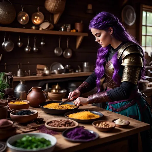 Prompt: Photo of <mymodel> working in the kitchen preparing food in her viking house