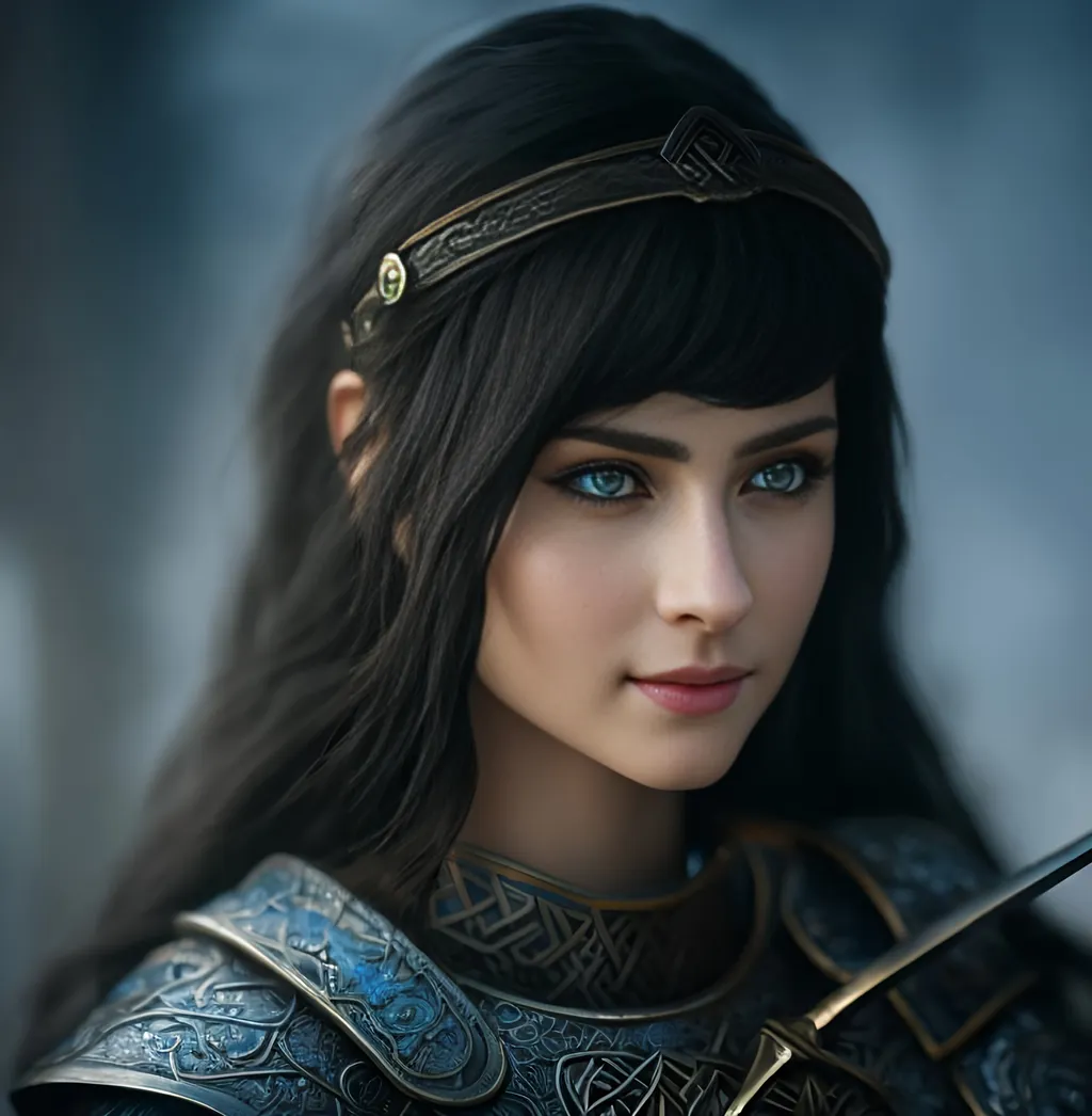Prompt: she has black hair, create most beautiful fictional female viking princess warrior, subtle smile, black hair, light blue eyes, extremely detailed environment, detailed background, intricate, detailed skin, professionally color graded, photorealism, 8k, moody lighting
