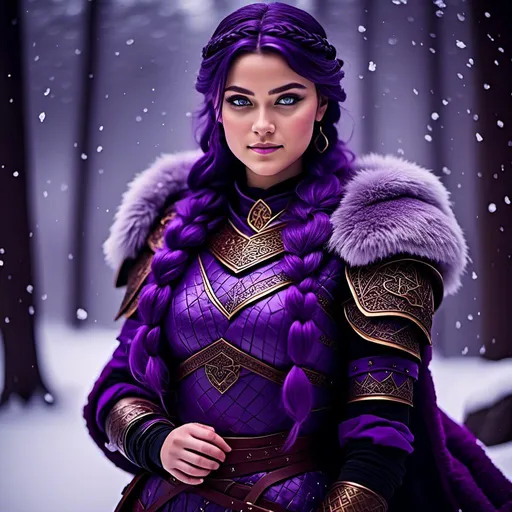 Prompt: A photo of <mymodel> with a heavy purple fur tunic in the snow, she has a single hair braid down her shoulder