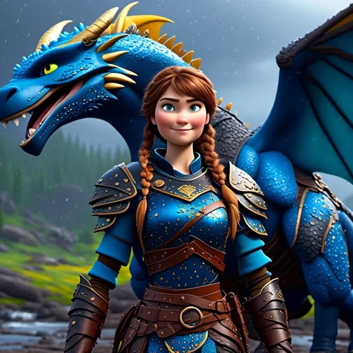 Prompt: <mymodel>CGi Animation, 20-year-old viking woman with blue eyes, a rainy scene, she is standing next to a bright blue dragon with gold highlights, they are both in the rain, the viking woman has a subtle smile, brown hair with two pigtail braids, she has blue gear, gold armor, black pants, black boots