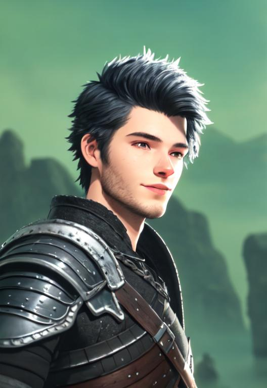 Prompt: Digital art, 22-year-old viking man, black hair. silver armor, medium-length black hair, subtle smile, black stubble beard, hazel eyes, adventurer, blue sky background, unreal engine 8k octane, 3d lighting