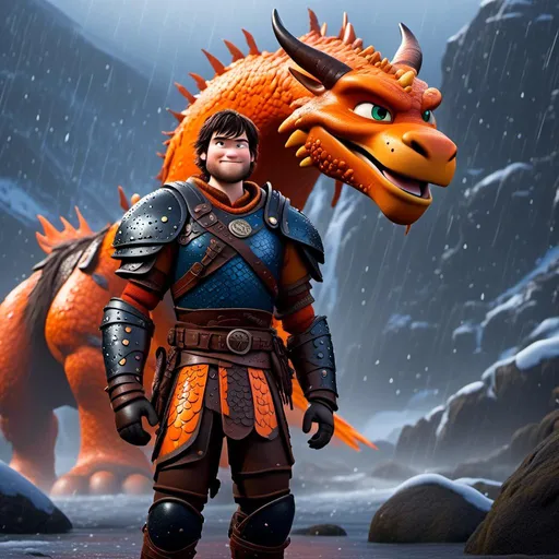 Prompt: <mymodel>CGi Animation, 20-year-old viking man with blue eyes, a rainy scene, the viking man has a subtle smile, black hair, he has orange gear, yellow armor with bursts of red splotches, black pants, black boots, he is standing next to a bright orange dragon with gold highlights, they are both in the rain