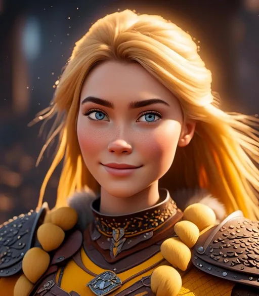 Prompt: <mymodel>CGI Animation, digital art, 20-year-old-old viking woman with light blue eyes, yellow mask over her eyes, yellow clothes, gold colored armor, blonde straight hair, subtle smile, unreal engine 8k octane, 3d lighting, close up camera shot on the face, full armor