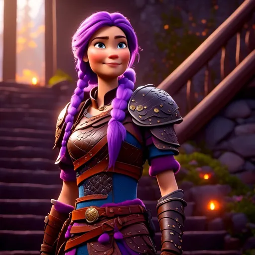 Prompt: <mymodel>CGI Animation, digital art, 20-year-old-old viking woman with light blue eyes, standing on the stairs in her house, purple hair with purple strands, single braid down her shoulder with a tiara, subtle smile, unreal engine 8k octane, 3d lighting, close up camera shot on the face, full armor